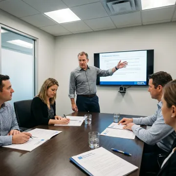 A team participating in an ISO 9001:2015 awareness training session in an office.