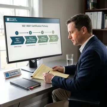 A flowchart illustrating the 4-step process for ISO 14001 certification.