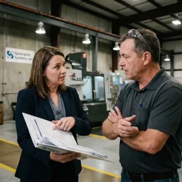 A consultant reviewing environmental management system documents with a factory manager in Phoenix.
