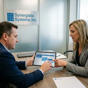 A project manager reviewing an ISO 14001 implementation plan on a tablet.