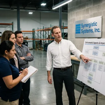 Consultant guiding a team through an ISO 14001 environmental management system audit.