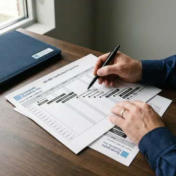 A project manager reviewing an ISO 9001 implementation plan on a timeline.