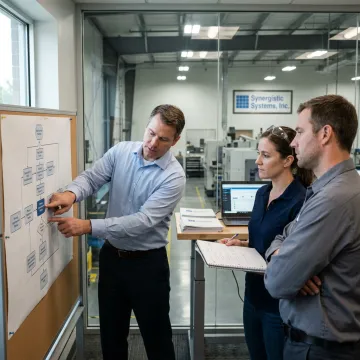 Consultant discussing ISO 9001 framework with a manufacturing team in Chicago.