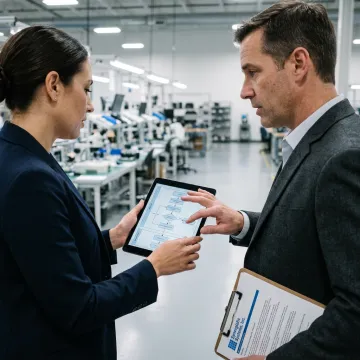 A consultant and client collaborating on an ISO 14001 certification plan in an industrial setting.