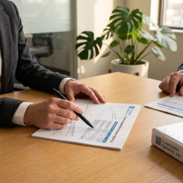 A certified environmental manager reviewing ISO 14001 compliance documents in a modern San Diego office.