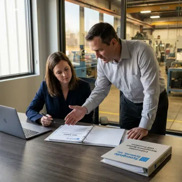 A consultant reviewing environmental management system documents with a factory manager in a modern industrial setting.