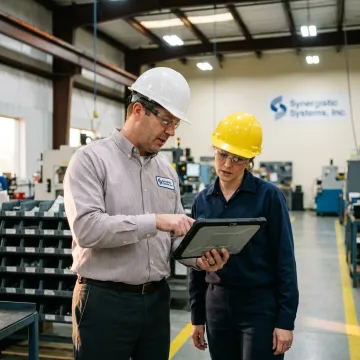 A consultant reviewing an environmental compliance checklist with a factory manager.