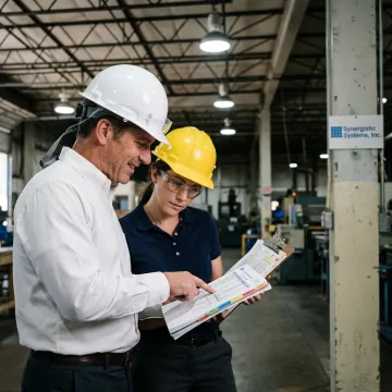 A consultant reviewing environmental compliance documents at an industrial facility.