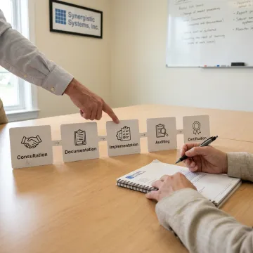 A flowchart illustrating the five steps of the ISO 9001 certification process.