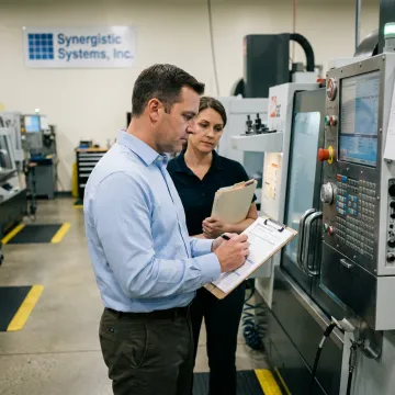 A quality manager reviewing ISO 9001 compliance documents in a manufacturing facility in Dearborn.