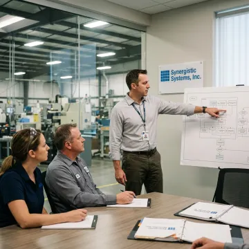 Consultant discussing ISO 14001 environmental standards with a manufacturing team.