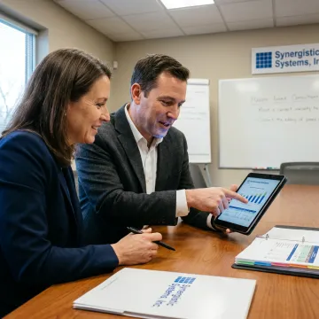 An auditor and a factory manager discussing an environmental compliance report on a tablet.