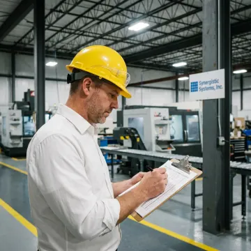 A certified auditor reviewing an environmental management system compliance checklist in an industrial facility.