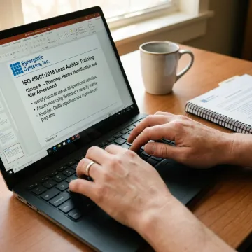 A professional conducting an online ISO 45001 training session on a laptop.