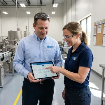 A consultant and a food production manager collaborating over a diagram of the ISO 22000 process.