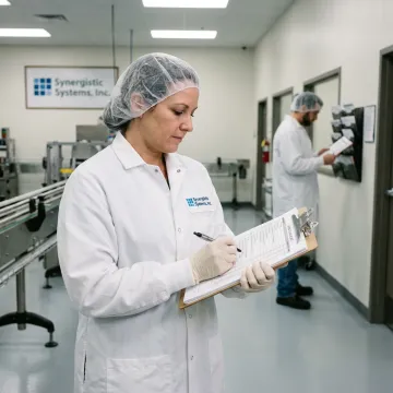 A professional conducting an ISO 22000 internal audit in a food processing facility.