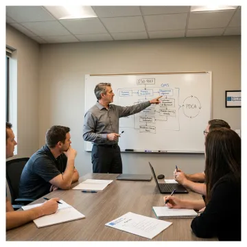 An instructor leading an ISO 9001 training workshop for a group of professionals.