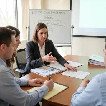 Professionals engaged in an ISO 9001 training session in a modern office.
