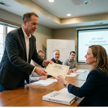 A professional receiving an ISO 14001 auditor certification certificate in a modern office.
