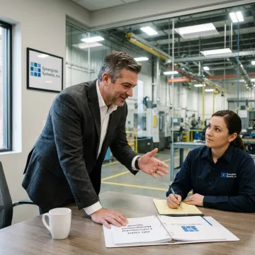 A consultant reviewing environmental management system documents with a factory manager.