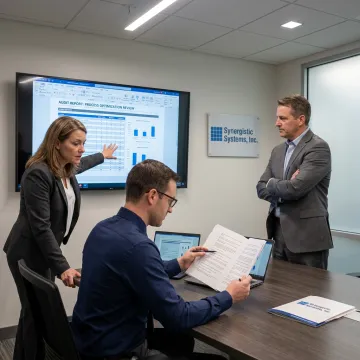 An auditor presenting a comprehensive report to a management team.