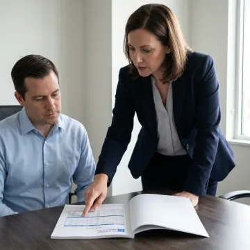 A certified auditor reviewing a quality management system document with a client.