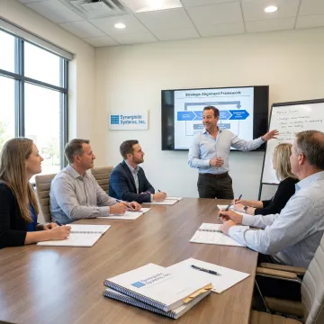 A team of professionals receiving ISO 9001 internal auditor training in a modern office.