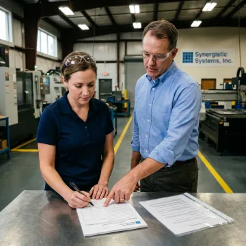 An instructor guiding a trainee through an ISO audit checklist on a factory floor.