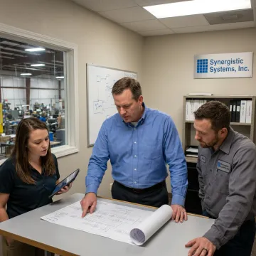 A consultant reviewing quality management system documents with a manufacturing team in a Chicago facility.