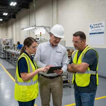 Consultant discussing ISO 45001 safety standards with industrial workers in Phoenix.