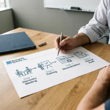 A flowchart showing the steps to achieve ISO 45001 certification.