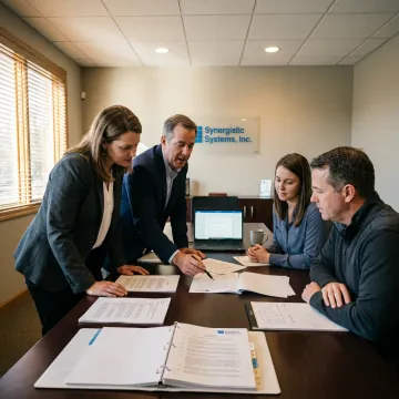 A team of professionals collaborating on an ISO 14001 transition plan.