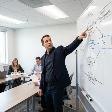 A professional conducting an ISO 14001 training session in a modern office.
