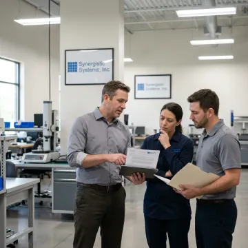 An ISO 9001 consultant collaborating with a manufacturing team in an Orange County facility.