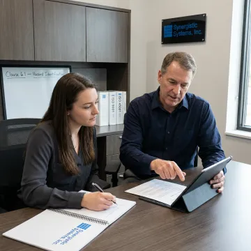 Auditor reviewing ISO 45001 documents during a professional training course.