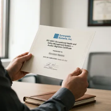 A certified auditor receiving their ISO 45001 migration course certificate.