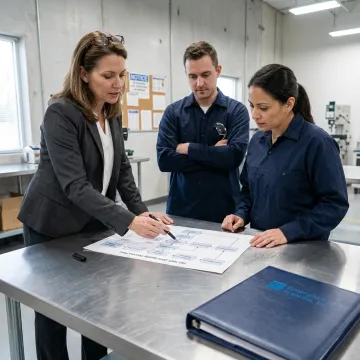 A consultant reviewing ISO 9001 documentation with a manufacturing team in a modern California facility.