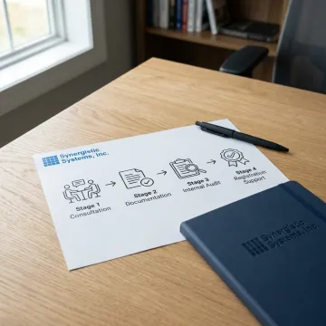 A flowchart showing the four key steps to achieving ISO 9001 certification.