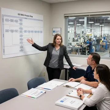 A consultant reviewing ISO 9001 documentation with a manufacturing team.