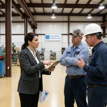 A consultant discussing safety management systems with factory managers in Chicago.