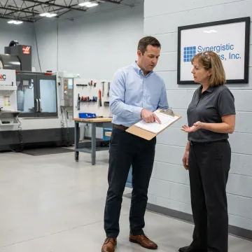Auditor and client discussing a compliance checklist in an industrial facility.