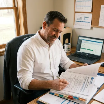 Auditor reviewing environmental management system documents in a modern office.