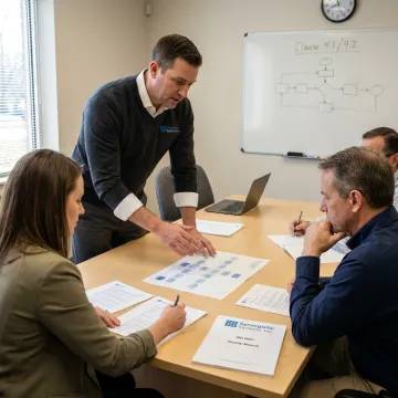 ISO consultant reviewing QMS documents with operations team