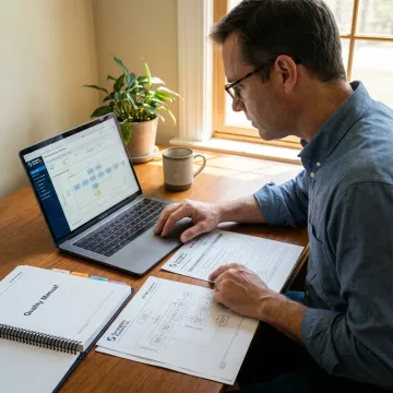 Consultant reviewing ISO 9001 documentation workflow