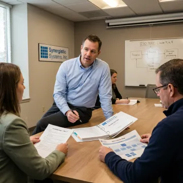 Consultant reviewing ISO 9001 checklist with quality team