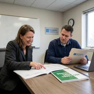Consultants reviewing ISO 14001 multi-site certification documents