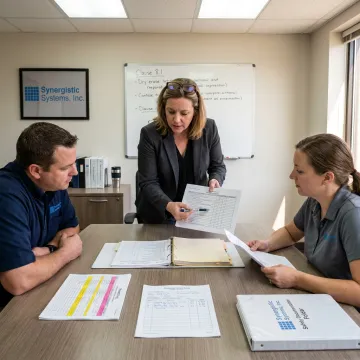 ISO consultant reviewing safety procedures with workers