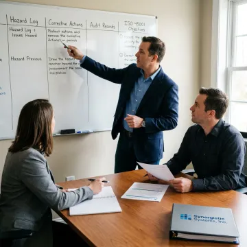 Consultant helping safety team plan ISO 45001 objectives