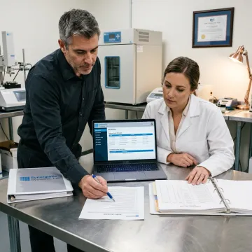 ISO 17025 consultant reviewing lab audit records