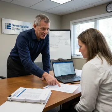 ISO consultant reviewing accreditation plan with laboratory manager